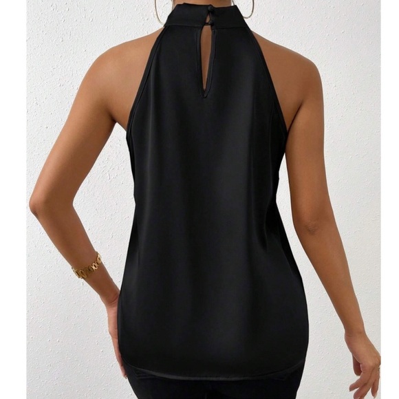 Luxe Satin Mock Neck Halter Sleeveless Top Blouse Shirt - Picture 6 of 12